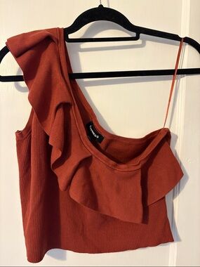 Express One-Shoulder Ruffle Crop Top in Rust